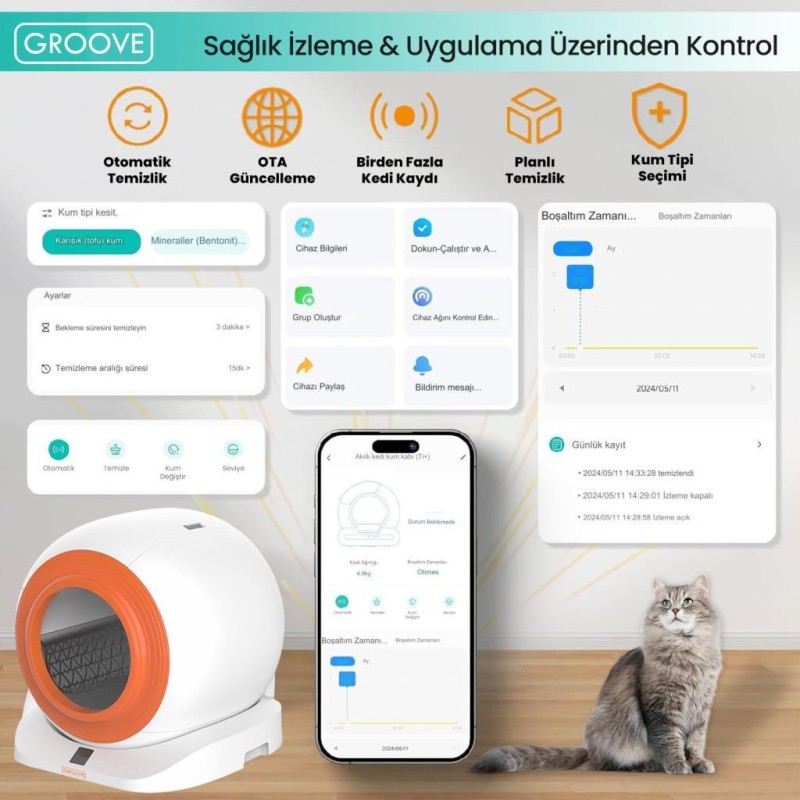 Groove Q-Clean Wi-Fi Akıllı Otomatik Kedi Tuvaleti Kum Kabı Turuncu (Ultra Sessiz+Akıllı Sprey Koku Giderici+APP Kontrol+Akıllı Sensör)