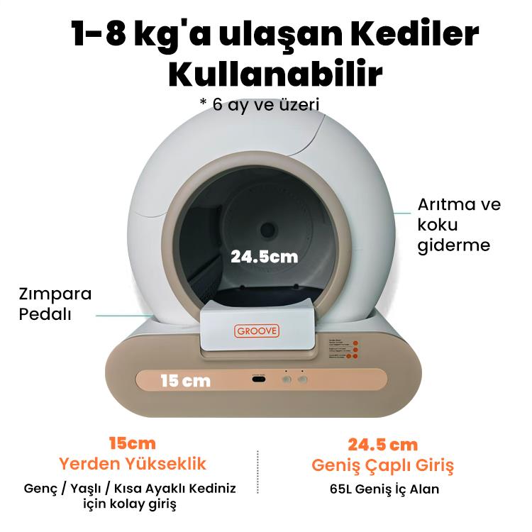 Groove Ti+ 65L Wi-Fi Otomatik Akıllı Kedi Tuvaleti Kahverengi (Ultra Sessiz+APP Kontrol+Akıllı Sensör+UV Filtre)