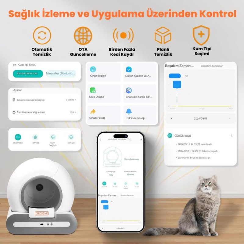 Groove Ti+ 65L Wi-Fi Akıllı Otomatik Kedi Tuvaleti Kum Kabı Kahverengi (Ultra Sessiz+APP Kontrol+Akıllı Sensör+UV Filtre)