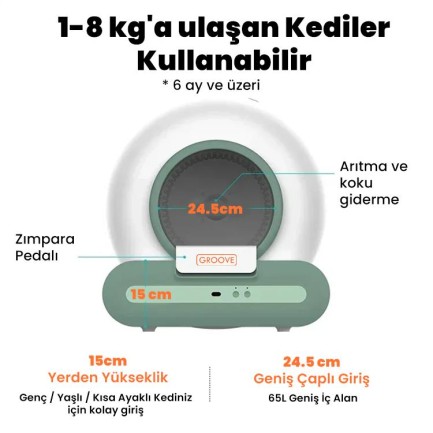 Groove Ti+ 65L Wi-Fi Otomatik Akıllı Kedi Tuvaleti Yeşil (Ultra Sessiz+APP Kontrol+Akıllı Sensör+UV Filtre) - Thumbnail