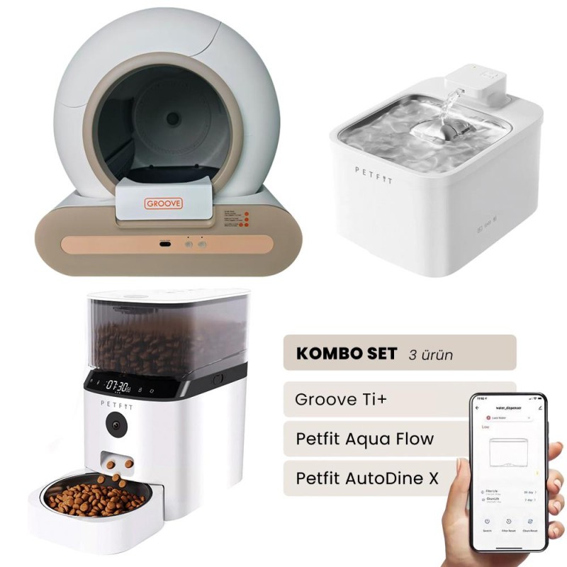Groove Ti+ Akıllı Otomatik Kedi Tuvaleti Kahverengi - Petfit Aqua Flow Akıllı Bataryalı Su Pınarı Çeşmesi + Petfit AutoDine X Akıllı Otomatik Mama Kabı Bundle