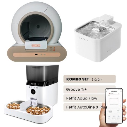 Petfit - Groove Ti+ Akıllı Otomatik Kedi Tuvaleti Kahverengi - Petfit Aqua Flow Akıllı Bataryalı Su Pınarı Çeşmesi + Petfit AutoDine X Plus Akıllı Otomatik Mama Kabı Bundle