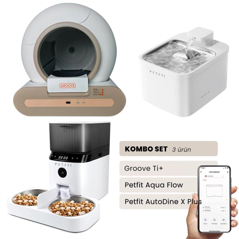 Groove Ti+ Akıllı Otomatik Kedi Tuvaleti Kahverengi - Petfit Aqua Flow Akıllı Bataryalı Su Pınarı Çeşmesi + Petfit AutoDine X Plus Akıllı Otomatik Mama Kabı Bundle