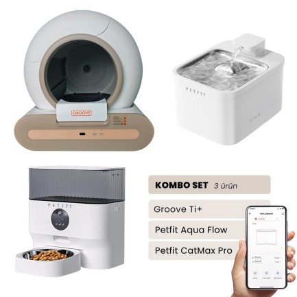 Petfit - Groove Ti+ Akıllı Otomatik Kedi Tuvaleti Kahverengi - Petfit Aqua Flow Akıllı Bataryalı Su Pınarı Çeşmesi + Petfit CatMax Pro Akıllı Otomatik Mama Kabı Bundle