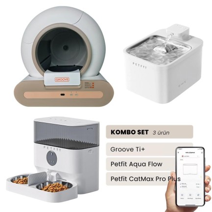 Petfit - Groove Ti+ Akıllı Otomatik Kedi Tuvaleti Kahverengi - Petfit Aqua Flow Akıllı Bataryalı Su Pınarı Çeşmesi + Petfit CatMax Pro Plus Akıllı Otomatik Mama Kabı Bundle