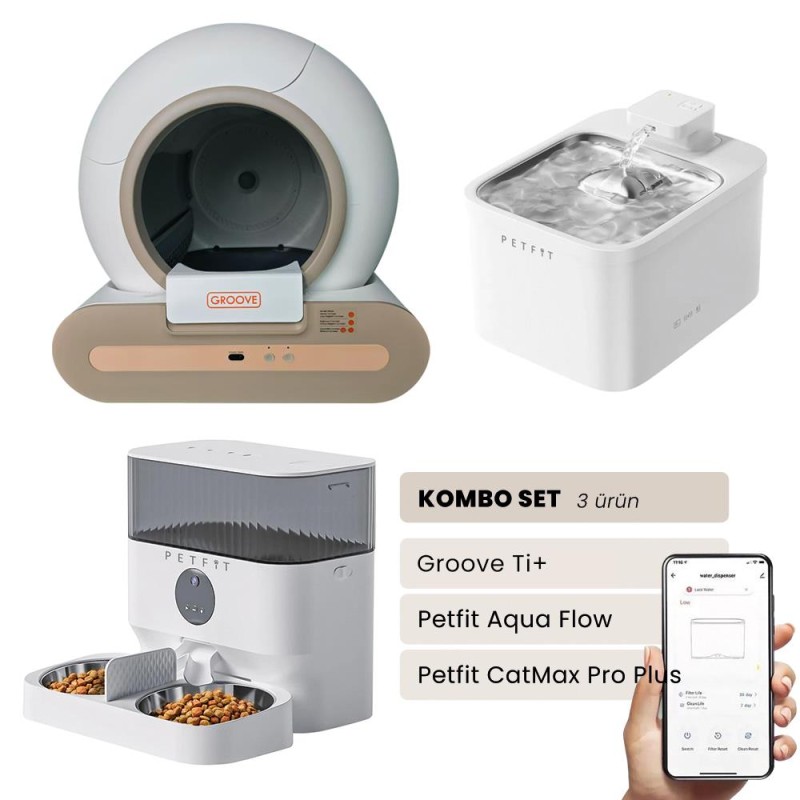 Groove Ti+ Akıllı Otomatik Kedi Tuvaleti Kahverengi - Petfit Aqua Flow Akıllı Bataryalı Su Pınarı Çeşmesi + Petfit CatMax Pro Plus Akıllı Otomatik Mama Kabı Bundle