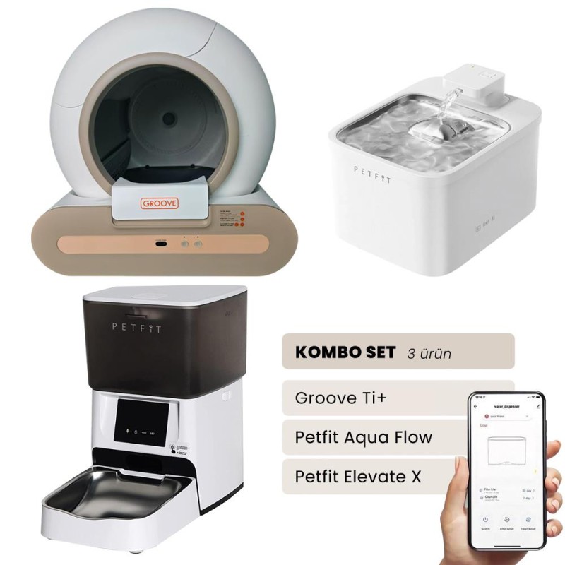 Groove Ti+ Akıllı Otomatik Kedi Tuvaleti Kahverengi - Petfit Aqua Flow Akıllı Bataryalı Su Pınarı Çeşmesi + Petfit Elevate X Akıllı Otomatik Mama Kabı Bundle