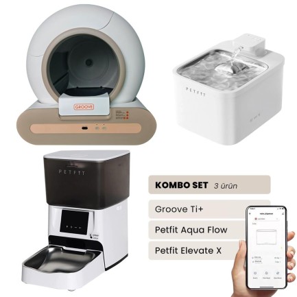 Petfit - Groove Ti+ Akıllı Kedi Tuvaleti Kahverengi - Petfit Aqua Flow Akıllı Su Pınarı + Petfit Elevate X Akıllı Mama Kabı