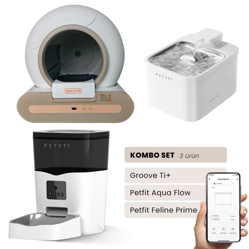 Groove Ti+ Wi-Fi Akıllı Kedi Tuvaleti Kahverengi - Petfit Aqua Flow Akıllı Su Pınarı + Petfit Feline Prime 3L Wi-Fi Kameralı Akıllı Otomatik Mama Kabı Besleme Ünitesi Bundle