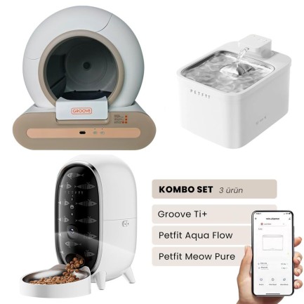 Petfit - Groove Ti+ Akıllı Otomatik Kedi Tuvaleti Kahverengi - Petfit Aqua Flow Akıllı Bataryalı Su Pınarı Çeşmesi + Petfit Meow Pure Akıllı Otomatik Mama Kabı Bundle