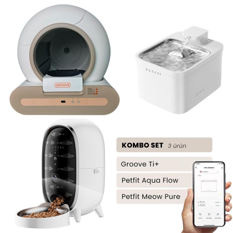 Groove Ti+ Akıllı Otomatik Kedi Tuvaleti Kahverengi - Petfit Aqua Flow Akıllı Bataryalı Su Pınarı Çeşmesi + Petfit Meow Pure Akıllı Otomatik Mama Kabı Bundle