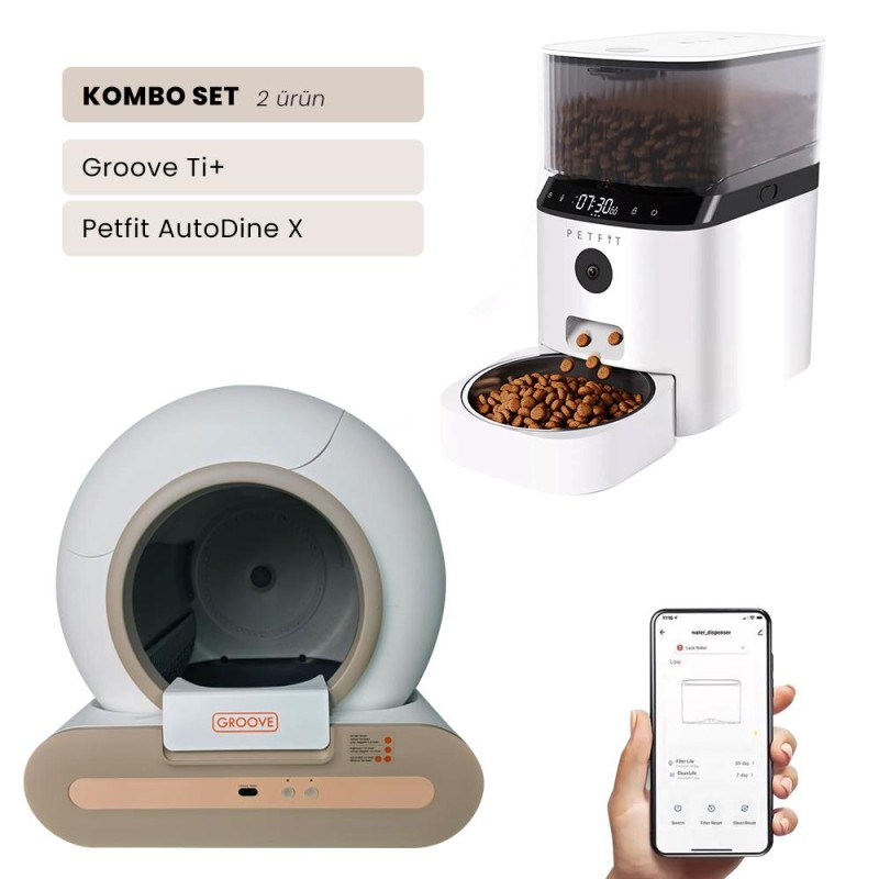 Groove Ti+ Wi-Fi Akıllı Otomatik Kedi Tuvaleti Kahverengi + Petfit AutoDine X 5L Wi-Fi Kameralı Akıllı Otomatik Mama Kabı Besleme Ünitesi Bundle