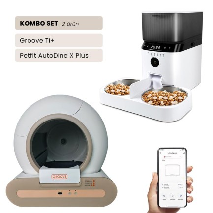 Petfit - Groove Ti+Wi-Fi Akıllı Otomatik Kedi Tuvaleti Kahverengi + Petfit AutoDine X Plus 5L Wi-Fi Kameralı Akıllı Otomatik Mama Kabı Besleme Ünitesi Bundle