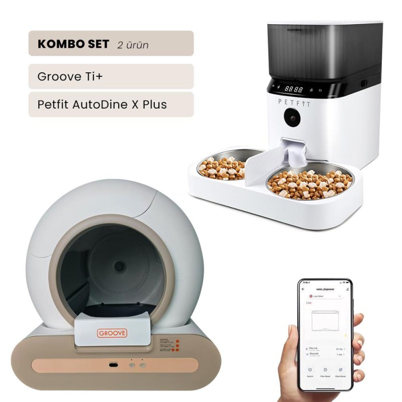 Groove Ti+Wi-Fi Akıllı Otomatik Kedi Tuvaleti Kahverengi + Petfit AutoDine X Plus 5L Wi-Fi Kameralı Akıllı Otomatik Mama Kabı Besleme Ünitesi Bundle