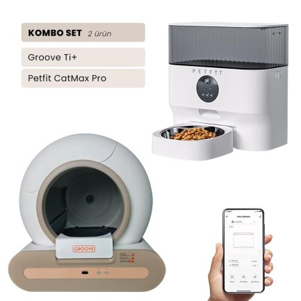 Petfit - Groove Ti+ Wi-Fi Akıllı Otomatik Kedi Tuvaleti Kahverengi + Petfit CatMax Pro 5L Wi-Fi Kameralı Akıllı Otomatik Mama Kabı Besleme Ünitesi Bundle