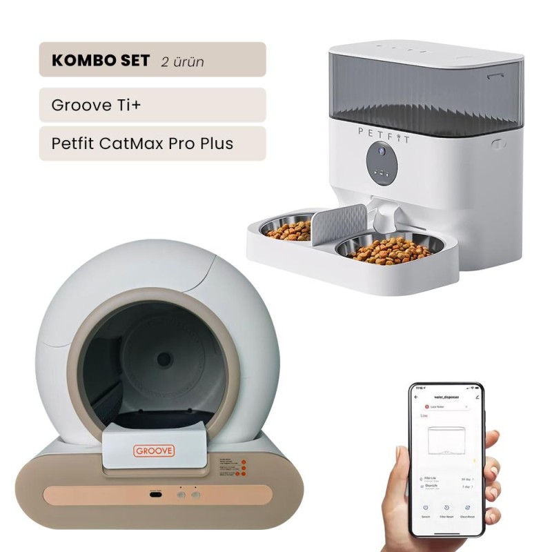 Groove Ti+ Wi-Fi Akıllı Otomatik Kedi Tuvaleti Kahverengi + Petfit CatMax Pro Plus 5L Wi-Fi Kameralı Akıllı Otomatik Mama Kabı Besleme Ünitesi Bundle 