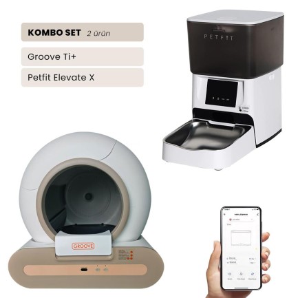 Petfit - Groove Ti+ Wi-Fi Akıllı Otomatik Kedi Tuvaleti Kahverengi + Petfit Elevate X 4L Wi-Fi Akıllı Otomatik Mama Kabı Besleme Ünitesi Bundle 