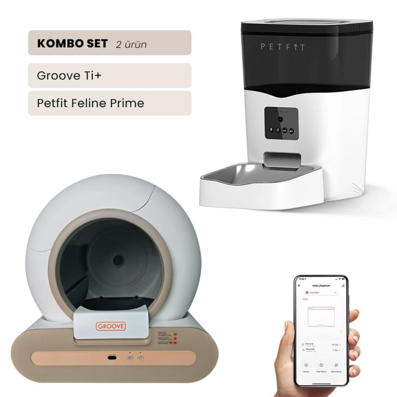 Groove Ti+ Wi-Fi Akıllı Otomatik Kedi Tuvaleti Kahverengi + Petfit Feline Prime 3L Wi-Fi Kameralı Akıllı Otomatik Mama Kabı Besleme Ünitesi Bundle