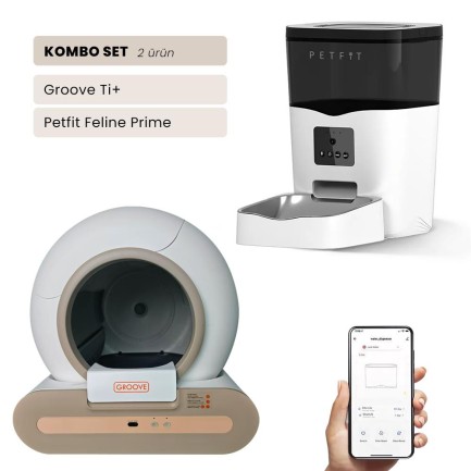 Petfit - Groove Ti+ Wi-Fi Akıllı Otomatik Kedi Tuvaleti Kahverengi + Petfit Feline Prime 3L Wi-Fi Kameralı Akıllı Otomatik Mama Kabı Besleme Ünitesi Bundle