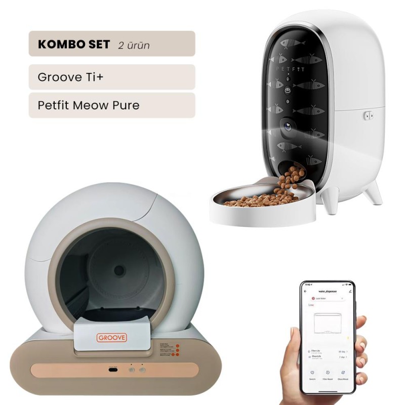 Groove Ti+ Wi-Fi Akıllı Otomatik Kedi Tuvaleti Kahverengi + Petfit Meow Pure 3L Wi-Fi Kameralı Akıllı Otomatik Mama Kabı Besleme Ünitesi Bundle