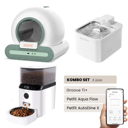 Petfit - Groove Ti+ Akıllı Otomatik Kedi Tuvaleti Yeşil - Petfit Aqua Flow Akıllı Bataryalı Su Pınarı Çeşmesi + Petfit AutoDine X Akıllı Otomatik Mama Kabı Bundle