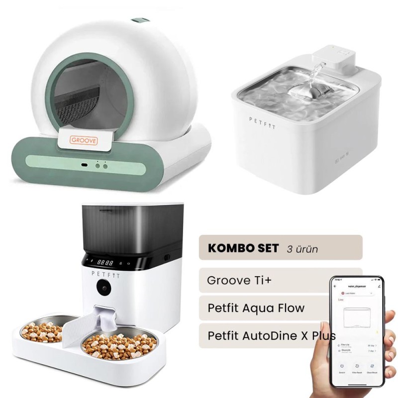 Groove Ti+ Akıllı Otomatik Kedi Tuvaleti Yeşil - Petfit Aqua Flow Akıllı Bataryalı Su Pınarı Çeşmesi + Petfit AutoDine X Plus Akıllı Otomatik Mama Kabı Bundle