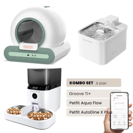 Petfit - Groove Ti+ Akıllı Otomatik Kedi Tuvaleti Yeşil - Petfit Aqua Flow Akıllı Bataryalı Su Pınarı Çeşmesi + Petfit AutoDine X Plus Akıllı Otomatik Mama Kabı Bundle