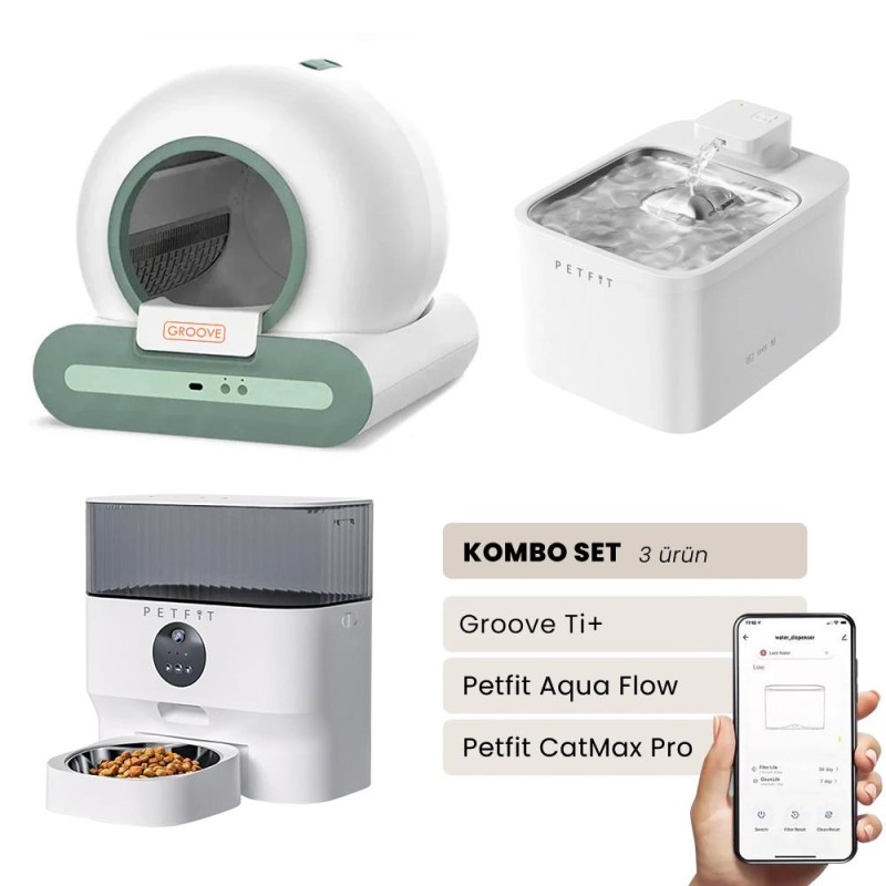 Groove Ti+ Akıllı Otomatik Kedi Tuvaleti Yeşil - Petfit Aqua Flow Akıllı Bataryalı Su Pınarı Çeşmesi + Petfit CatMax Pro Akıllı Otomatik Mama Kabı Bundle