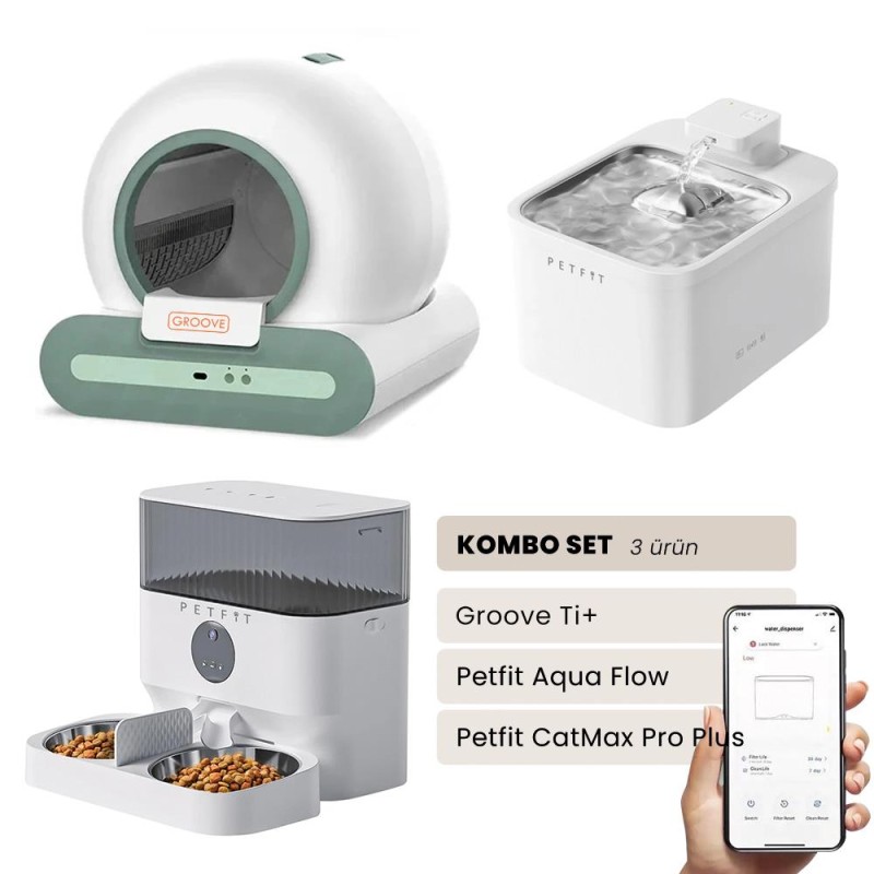 Groove Ti+ Akıllı Otomatik Kedi Tuvaleti Yeşil - Petfit Aqua Flow Akıllı Bataryalı Su Pınarı Çeşmesi + Petfit CatMax Pro Plus Akıllı Otomatik Mama Kabı Bundle