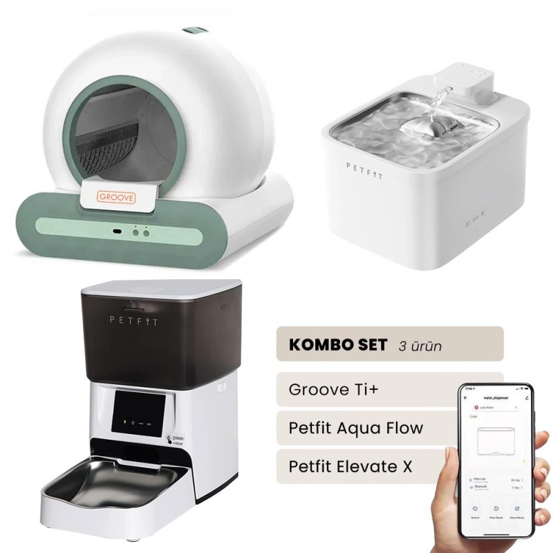 Groove Ti+ Akıllı Otomatik Kedi Tuvaleti Yeşil - Petfit Aqua Flow Akıllı Bataryalı Su Pınarı Çeşmesi + Petfit Elevate X Akıllı Otomatik Mama Kabı Bundle