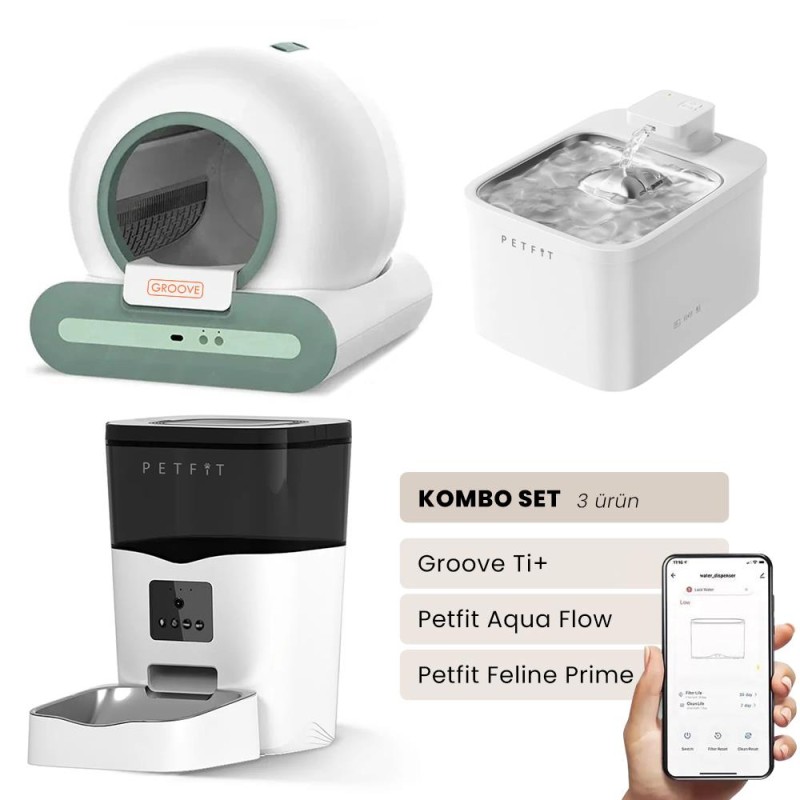 Groove Ti+ Akıllı Otomatik Kedi Tuvaleti Yeşil - Petfit Aqua Flow Akıllı Bataryalı Su Pınarı Çeşmesi + Petfit Feline Prime Akıllı Otomatik Mama Kabı Bundle