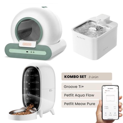 Petfit - Groove Ti+ Akıllı Otomatik Kedi Tuvaleti Yeşil - Petfit Aqua Flow Akıllı Bataryalı Su Pınarı Çeşmesi + Petfit Meow Pure Akıllı Otomatik Mama Kabı Bundle