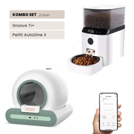 Petfit - Groove Ti+ Wi-Fi Akıllı Otomatik Kedi Tuvaleti Yeşil + Petfit AutoDine X 5L Wi-Fi Kameralı Akıllı Otomatik Mama Kabı Besleme Ünitesi Bundle