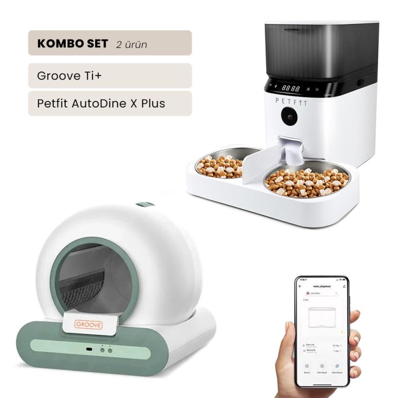Groove Ti+ Wi-Fi Akıllı Otomatik Kedi Tuvaleti Yeşil + Petfit AutoDine X Plus 5L Wi-Fi Kameralı Akıllı Otomatik Mama Kabı Besleme Ünitesi Bundle