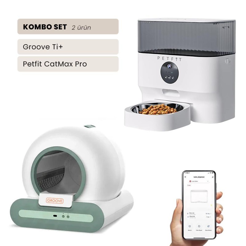 Groove Ti+ Wi-Fi Akıllı Otomatik Kedi Tuvaleti Yeşil + Petfit CatMax Pro 5L Wi-Fi Kameralı Akıllı Otomatik Mama Kabı Besleme Ünitesi Bundle