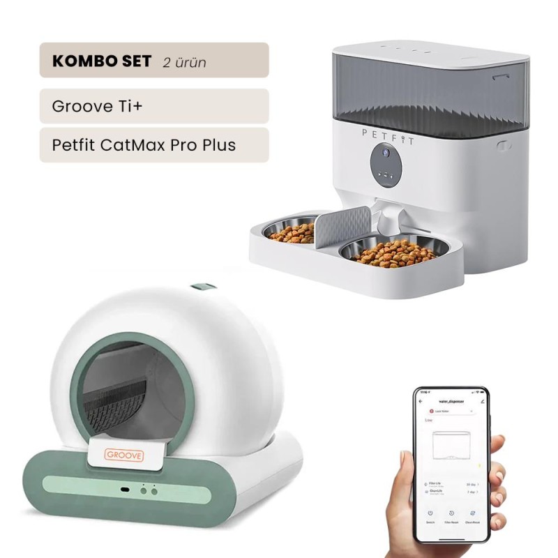 Groove Ti+ Wi-Fi Akıllı Otomatik Kedi Tuvaleti Yeşil + Petfit CatMax Pro Plus 5L Wi-Fi Kameralı Akıllı Otomatik Mama Kabı Besleme Ünitesi Bundle