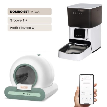 Petfit - Groove Ti+ Wi-Fi Akıllı Otomatik Kedi Tuvaleti Yeşil + Petfit Elevate X 4L Wi-Fi Akıllı Otomatik Mama Kabı Besleme Ünitesi Bundle