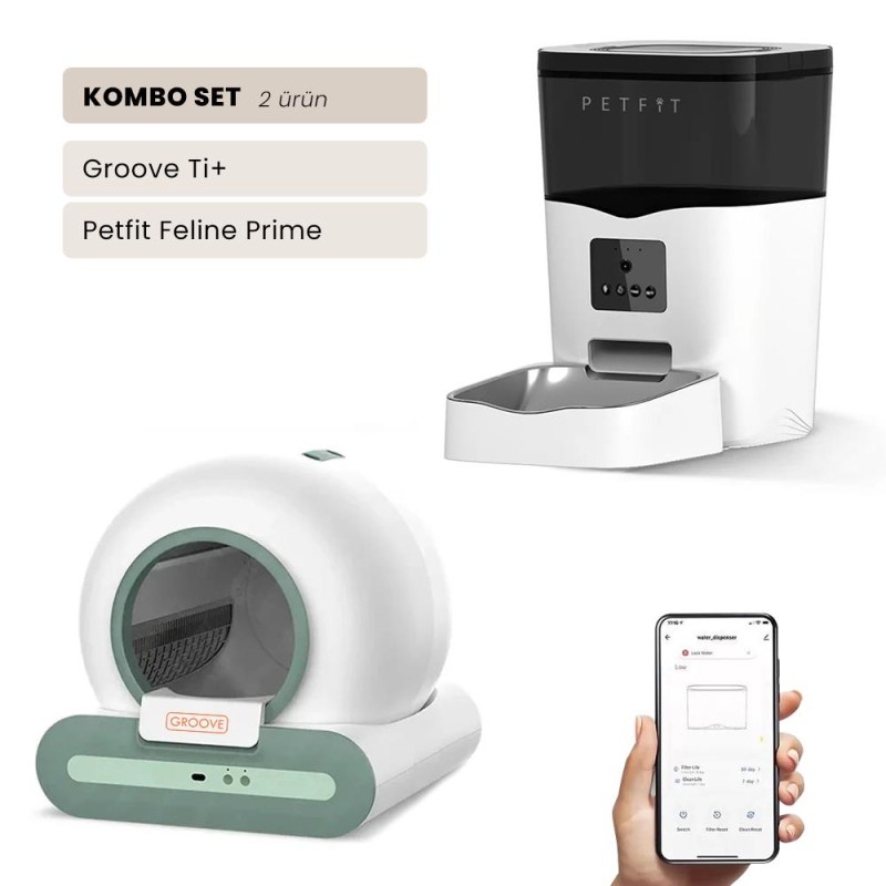 Groove Ti+ Wi-Fi Akıllı Otomatik Kedi Tuvaleti Yeşil + Petfit Feline Prime 3L Wi-Fi Kameralı Akıllı Otomatik Mama Kabı Besleme Ünitesi Bundle