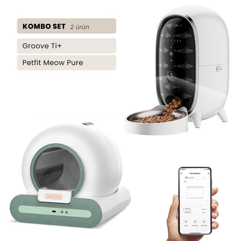 Groove Ti+ Wi-Fi Akıllı Otomatik Kedi Tuvaleti Yeşil + Petfit Meow Pure 3L Wi-Fi Kameralı Akıllı Otomatik Mama Kabı Besleme Ünitesi Bundle