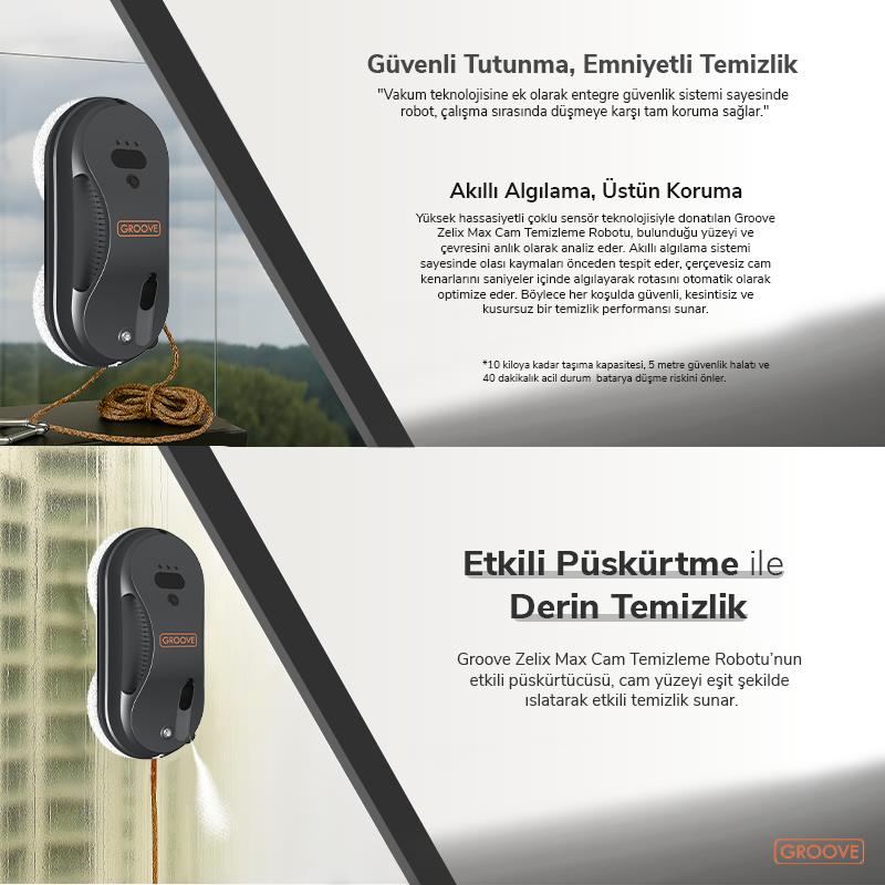 Groove Zelix Max Akıllı Cam Temizleme Silme Robotu +Yapay Zeka Desteği+Ultra Sessiz+Akıllı Sensör