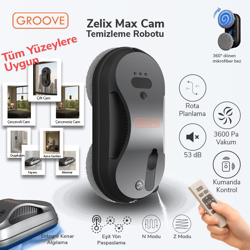 Groove Zelix Max Akıllı Cam Temizleme Silme Robotu +Yapay Zeka Desteği+Ultra Sessiz+Akıllı Sensör