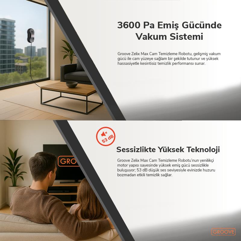 Groove Zelix Max Akıllı Cam Temizleme Silme Robotu +Yapay Zeka Desteği+Ultra Sessiz+Akıllı Sensör