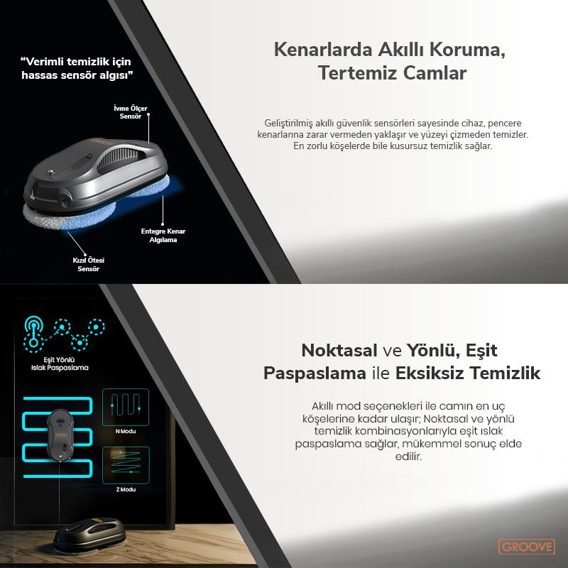 Groove Zelix Max Akıllı Cam Temizleme Silme Robotu +Yapay Zeka Desteği+Ultra Sessiz+Akıllı Sensör