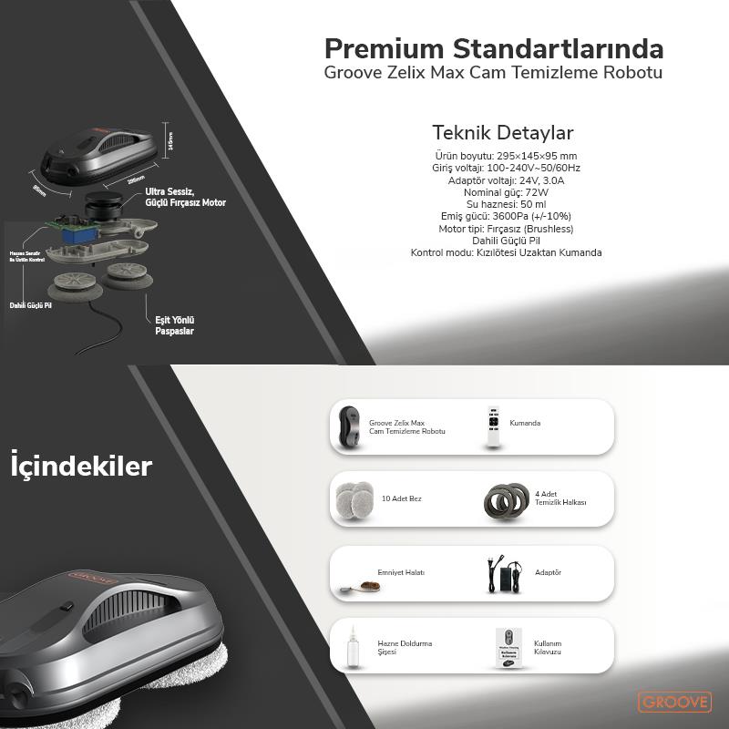 Groove Zelix Max Akıllı Cam Temizleme Silme Robotu +Yapay Zeka Desteği+Ultra Sessiz+Akıllı Sensör