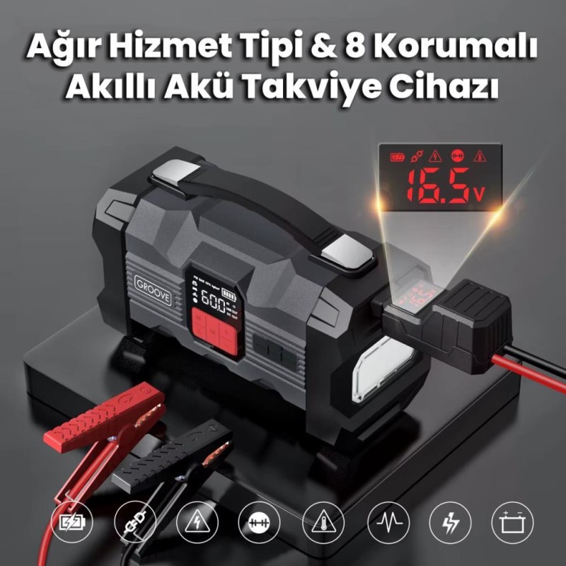 GROOVE ZK004 26800mAh 4500A Akü Takviye Cihazı +Lastik Şişirme Kompresörlü Taşınabilir Jump Starter (Kompresör+Powerbank+Led Lamba+LCD Ekran)