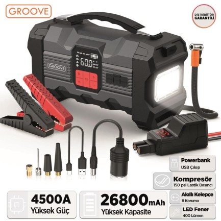 GROOVE - GROOVE ZK004 26800mAh 4500A Akü Takviye Cihazı +Lastik Şişirme Kompresörlü Taşınabilir Jump Starter (Kompresör+Powerbank+Led Lamba+LCD Ekran)