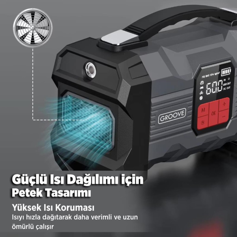 GROOVE ZK004 26800mAh 4500A Akü Takviye Cihazı +Lastik Şişirme Kompresörlü Taşınabilir Jump Starter (Kompresör+Powerbank+Led Lamba+LCD Ekran)