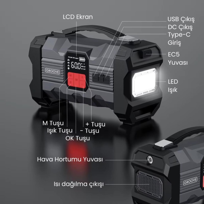 GROOVE ZK004 26800mAh 4500A Akü Takviye Cihazı +Lastik Şişirme Kompresörlü Taşınabilir Jump Starter (Kompresör+Powerbank+Led Lamba+LCD Ekran)