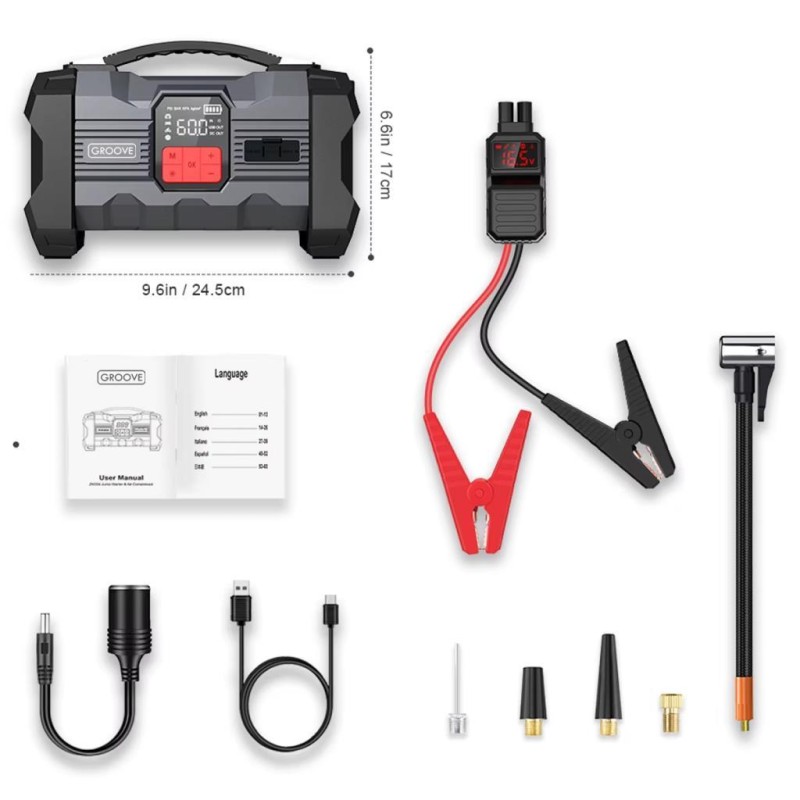 GROOVE ZK004 26800mAh 4500A Akü Takviye Cihazı +Lastik Şişirme Kompresörlü Taşınabilir Jump Starter (Kompresör+Powerbank+Led Lamba+LCD Ekran)