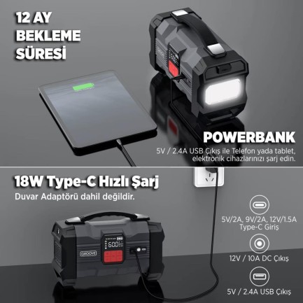 GROOVE ZK004 26800mAh 4500A Akü Takviye Cihazı +Lastik Şişirme Kompresörlü Taşınabilir Jump Starter (Kompresör+Powerbank+Led Lamba+LCD Ekran) - Thumbnail